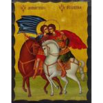 Εικόνα Ξύλινη Άγιος Γεώργιος Και Άγιος Δημήτριος Με Άλογο 14,5 χ 20