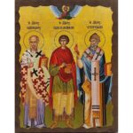 Εικόνα Ξύλινη Άγιος Νικόλαος, Άγιος Παντελεήμων, Άγιος Σπυρίδων 21 χ 27